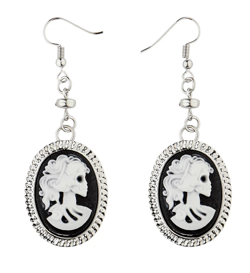 Kamee Totenkopf Ohrringe 01783 - Schwarz Weiß | Schmuck Halloween Kostüm Skelett Geist