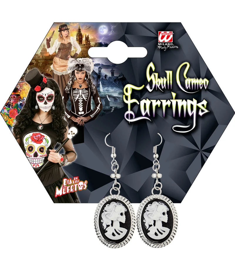 Kamee Totenkopf Ohrringe 01783 - Schwarz Weiß | Schmuck Halloween Kostüm Skelett Geist