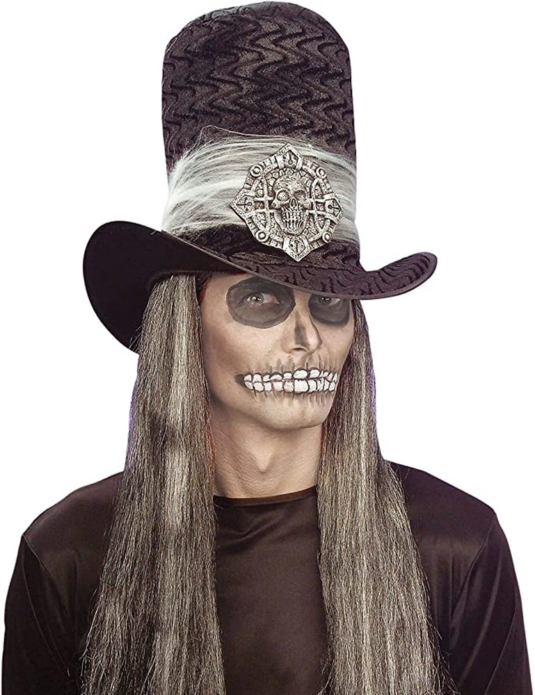 Gothic Samt Zylinder mit Totenkopf Medaillon - Schwarz Silber | Halloween Kostüm