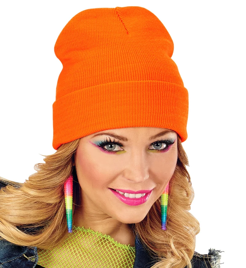 80er Jahre Kostüm Beanie Mütze | Neon Orange