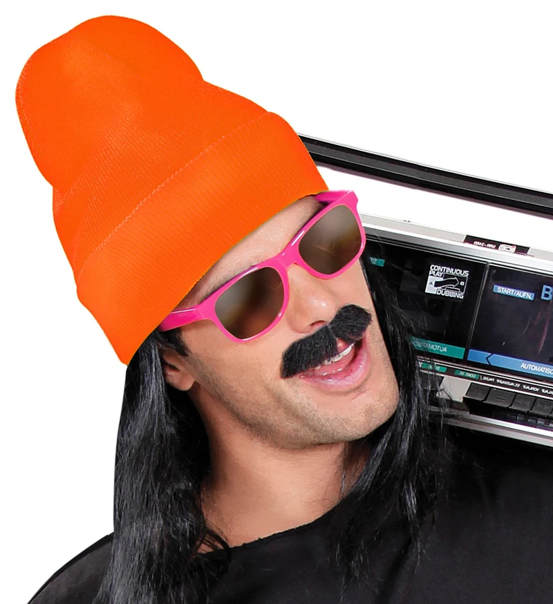 80er Jahre Kostüm Beanie Mütze | Neon Orange