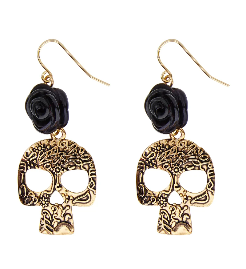 Day of the Dead Ohrringe "Totenkopf und Rose" | Schwarz Gold