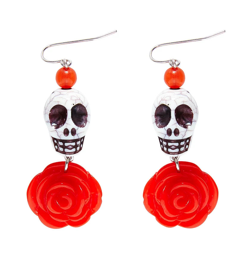 Day of the Dead Ohrringe "Totenkopf und Rose" | Schwarz Rot