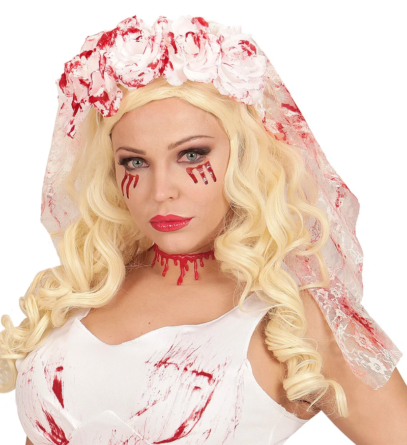 Halloween "Blutiger Brautschleier" | Weiß Rot - Haarreif mit Blumen