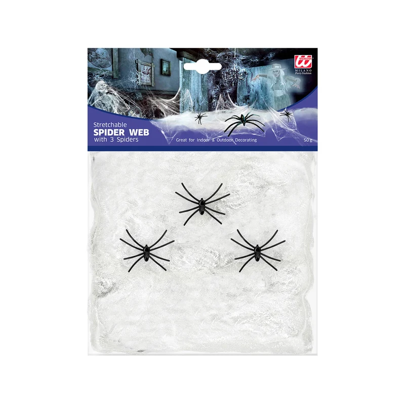 Weißes Spinnennetz 50g mit 3 Spinnen | Halloween Dekoration
