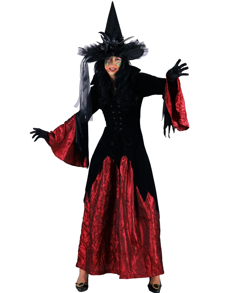 Hexen Kostüm "Halowina" für Damen | Langes Kleid - Schwarz Weinrot