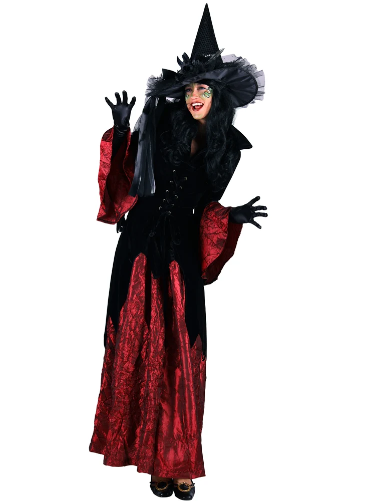 Hexen Kostüm "Halowina" für Damen | Langes Kleid - Schwarz Weinrot