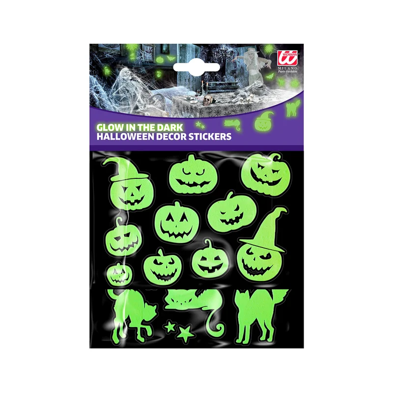 Leuchtende Halloween Deko Sticker "Kürbis und Katzen" | 21 x 15 cm Aufkleber