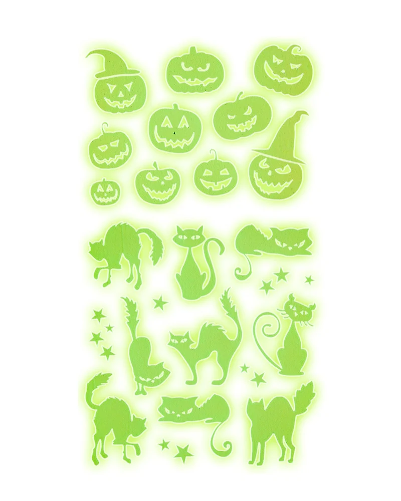 Leuchtende Halloween Deko Sticker "Kürbis und Katzen" | 21 x 15 cm Aufkleber