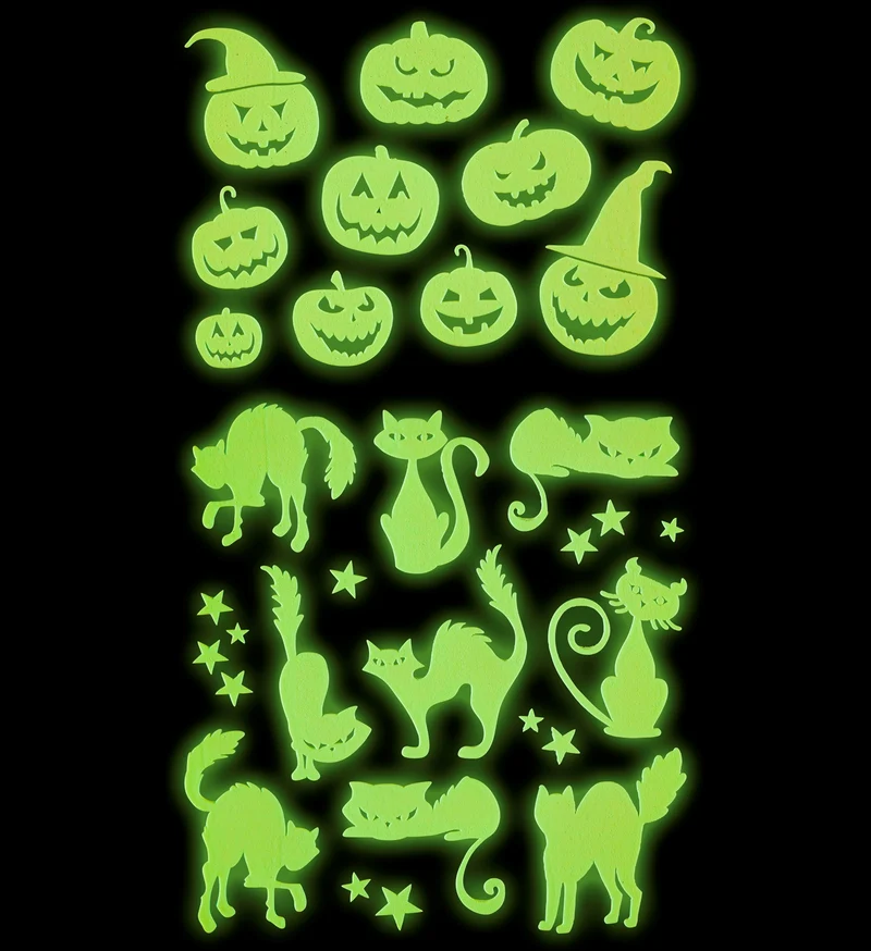 Leuchtende Halloween Deko Sticker "Kürbis und Katzen" | 21 x 15 cm Aufkleber