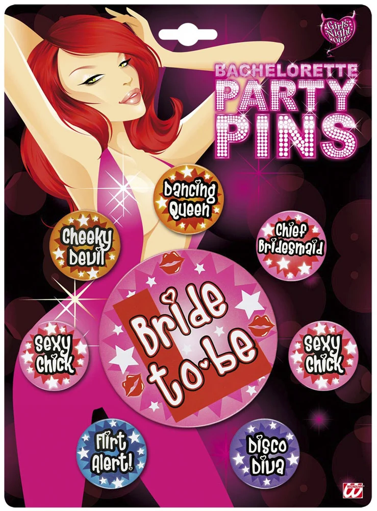 JGA Brautparty Accessoires - "Bride to Be" Button Anstecker Broschen Set - 8 tlg. Bunt