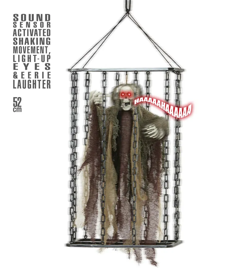 Hänge-Figur Tod im Käfig 52 cm | Halloween-Deko mit Licht, Sound & Bewegung