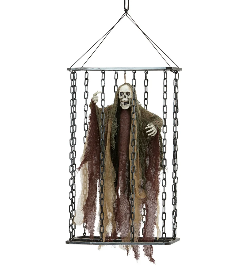Hänge-Figur Tod im Käfig 52 cm | Halloween-Deko mit Licht, Sound & Bewegung