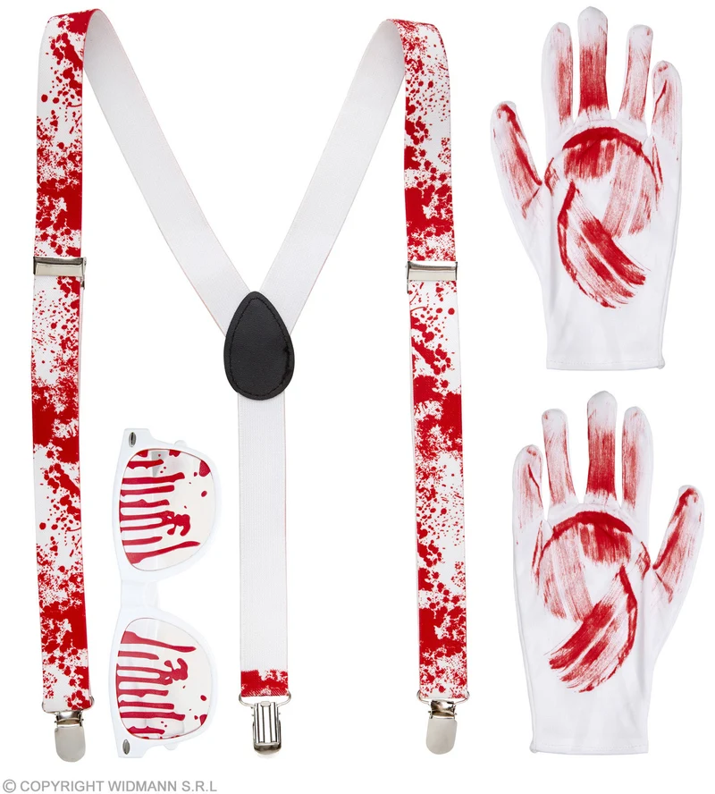 Blutiges Halloween Set 4-tlg. | Brille, Hosenträger, Handschuhe