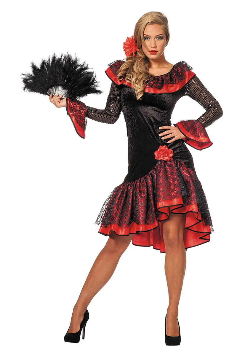 Spanierin "Adelina" Kostüm für Damen | Schwarz Rot - Kleid