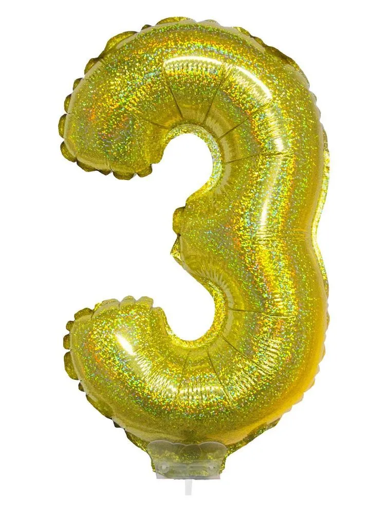 Zahlen Folienballon 41 cm mit Stab - Holografisch Gold Zahl 3