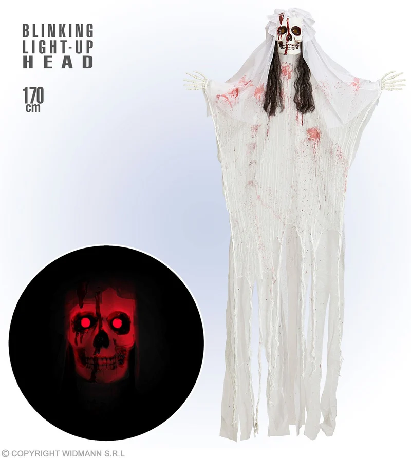Hängefigur "Blutige Skelett Braut" Leuchtender Kopf 170 cm | Halloween Dekoration