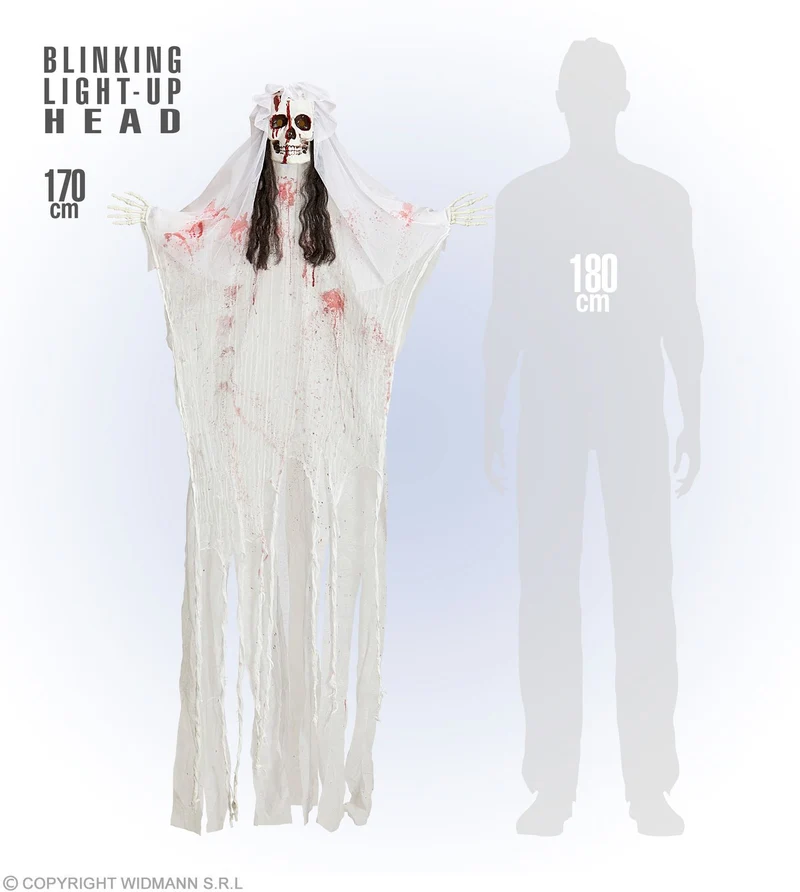 Hängefigur "Blutige Skelett Braut" Leuchtender Kopf 170 cm | Halloween Dekoration
