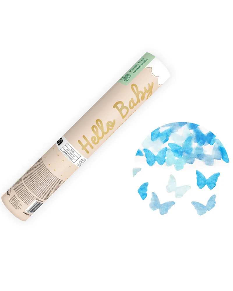 Konfetti Kanone "Hello Baby" 20 cm | Blau Schmetterlinge