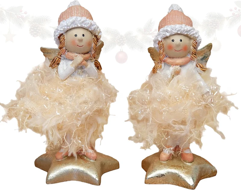 2er Set Engel Figuren Apricot-Creme auf Goldstern, 10 cm