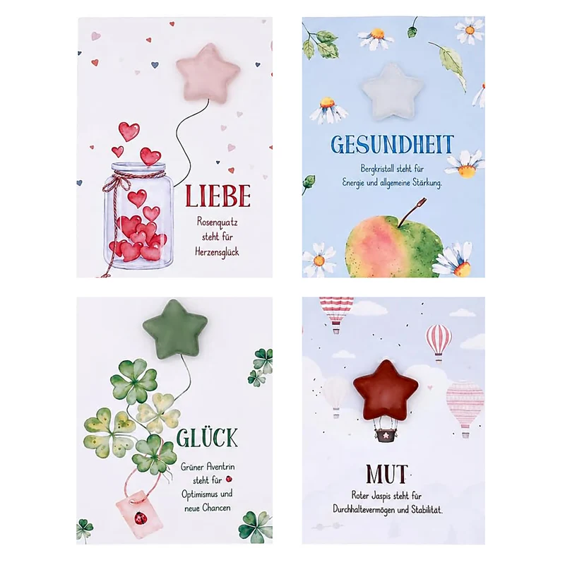Taschenglück Affirmationskarten mit 4 Edelsteinen in Sternform – Glücksbringer Set