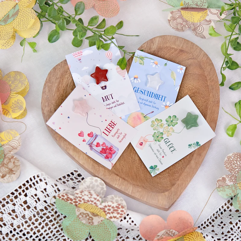 Taschenglück Affirmationskarten mit 4 Edelsteinen in Sternform – Glücksbringer Set
