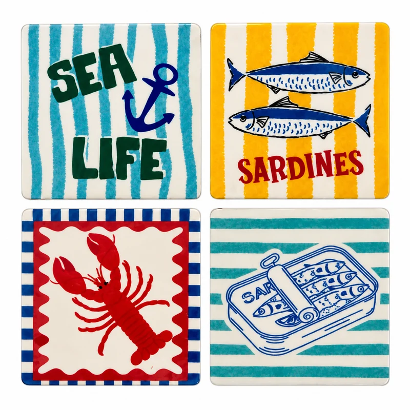 Untersetzer Maritim 4er Set 10 × 10 cm – Glasuntersetzer mit Hummer und Sardinen