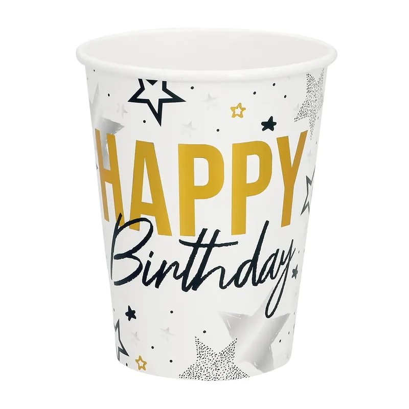 "Happy Birthday" Gold Schwarz | 8 Pappbecher 250 ml