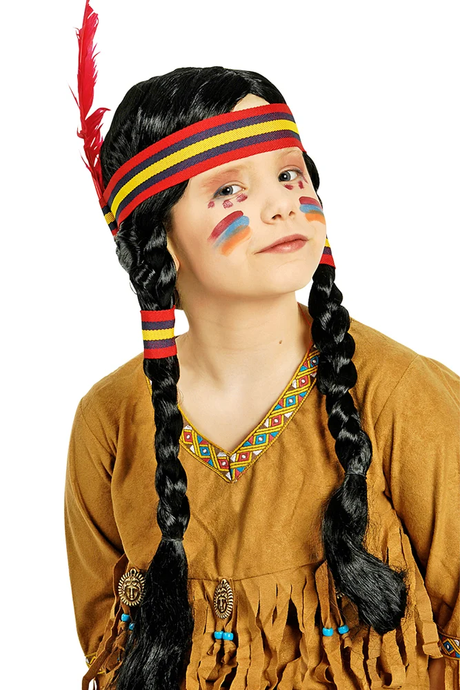 Perücke Indianerin für Kinder | Mit Zöpfen und Feder Stirnband