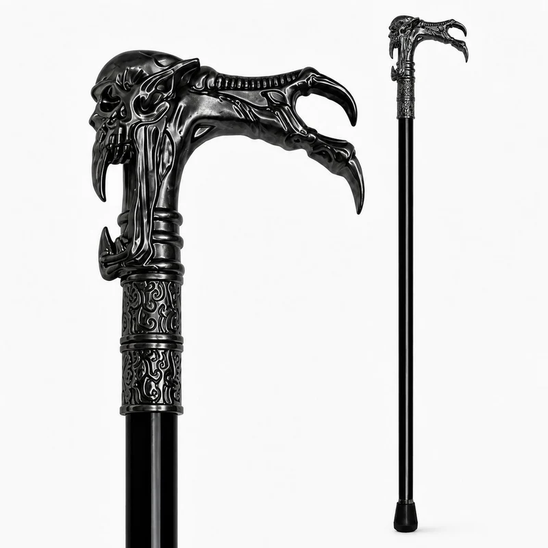 Gehstock aus Metall "Totenkopf Kralle" | Schwarz Silber