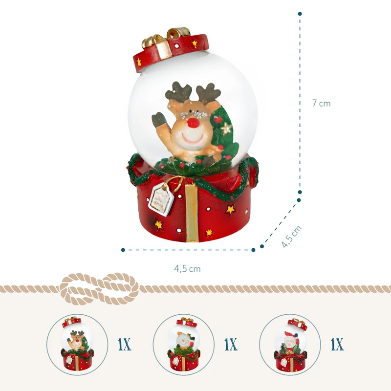 Schneekugeln 3er Set 7 cm – Schneemann, Rentier und Weihnachtsmann