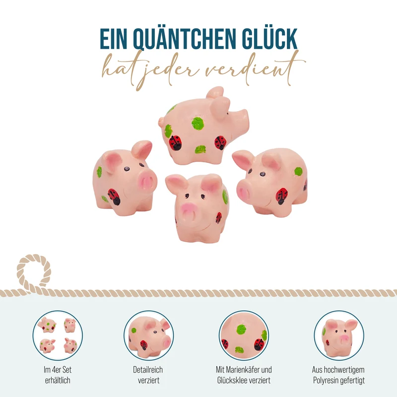 Glücksschwein Deko Set aus Polyresin, ca. 3 × 2,5 cm, Rosa, 4er-Set