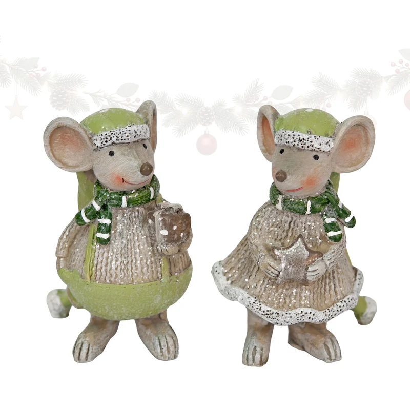 2er-Set Deko-Mäuse aus Polyresin, Grau/Grün, ca. 9 cm