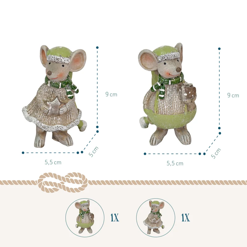 2er-Set Deko-Mäuse aus Polyresin, Grau/Grün, ca. 9 cm