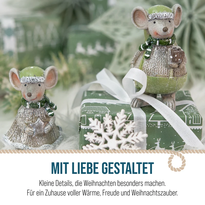 2er-Set Deko-Mäuse aus Polyresin, Grau/Grün, ca. 9 cm