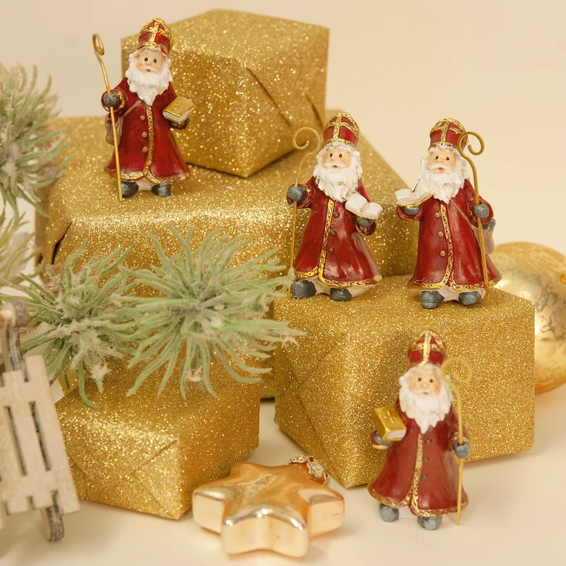 Nikolaus Figuren 4er Set – Poly, 6 cm in Rot und Gold mit Mitra