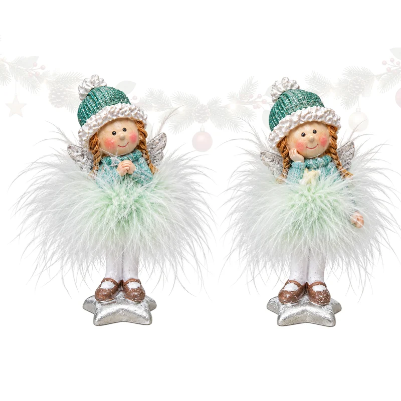 Engel Figuren 2er Set – 10 cm in Mint und Silber mit Federrock