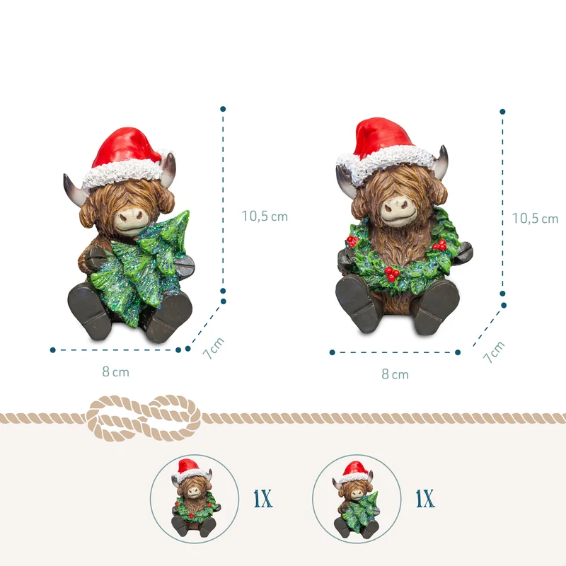 Highland Kuh Figuren 2er Set – Poly, 10,5 cm mit Zipfelmütze