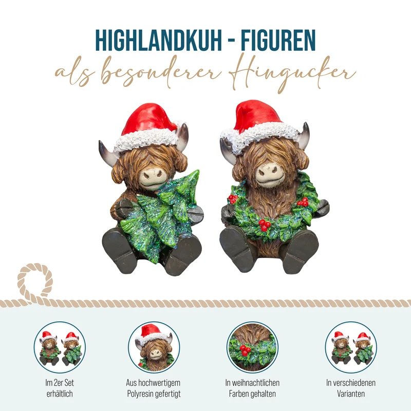 Highland Kuh Figuren 2er Set – Poly, 10,5 cm mit Zipfelmütze