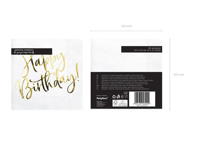 Servietten "Happy Birthday Gold" 20Stk./33x33cm