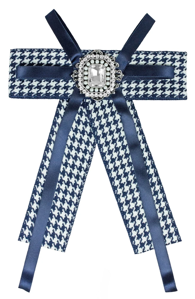 Brosche Barock Schleife mit eckigem Schmuckstein - Kariert - Blau