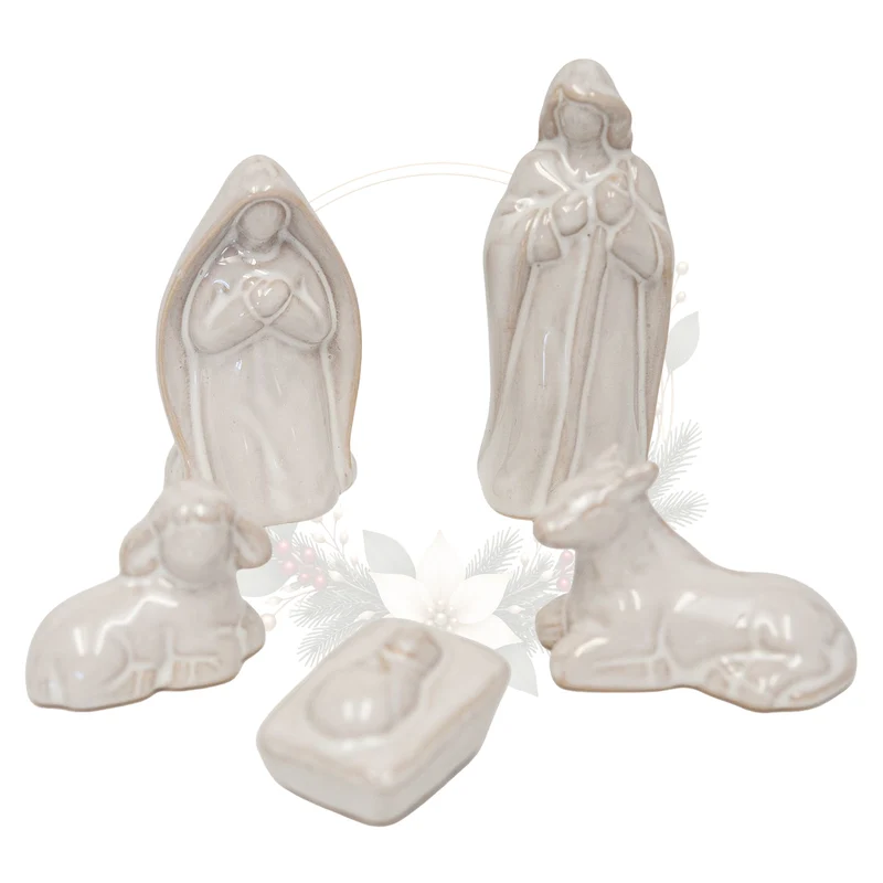 Krippenfiguren Set 5 teilig aus Steingut – Weiß, ohne Stall aufstellbar