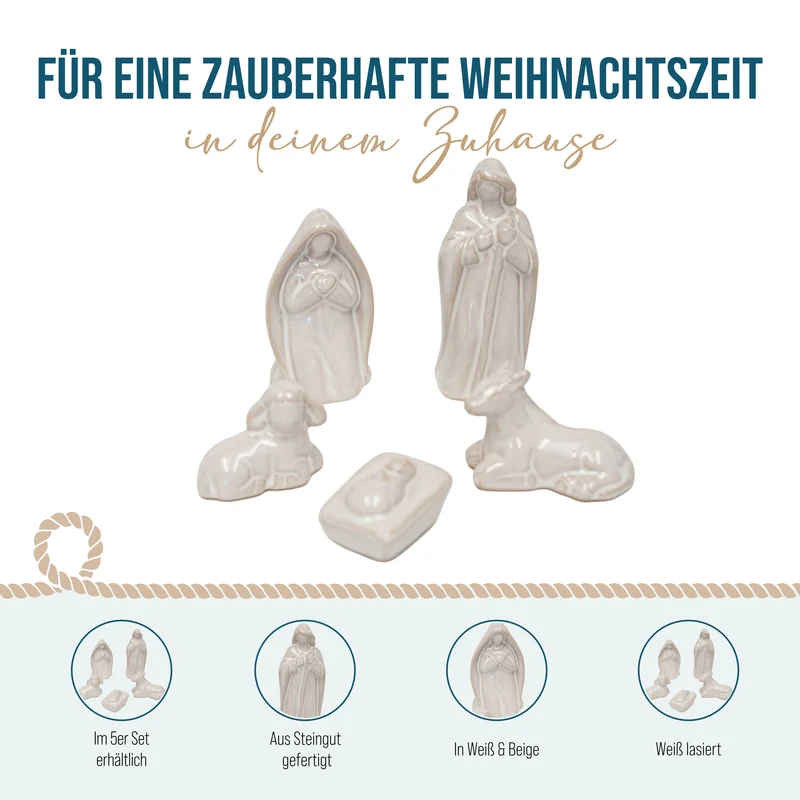 Krippenfiguren Set 5 teilig aus Steingut – Weiß, ohne Stall aufstellbar