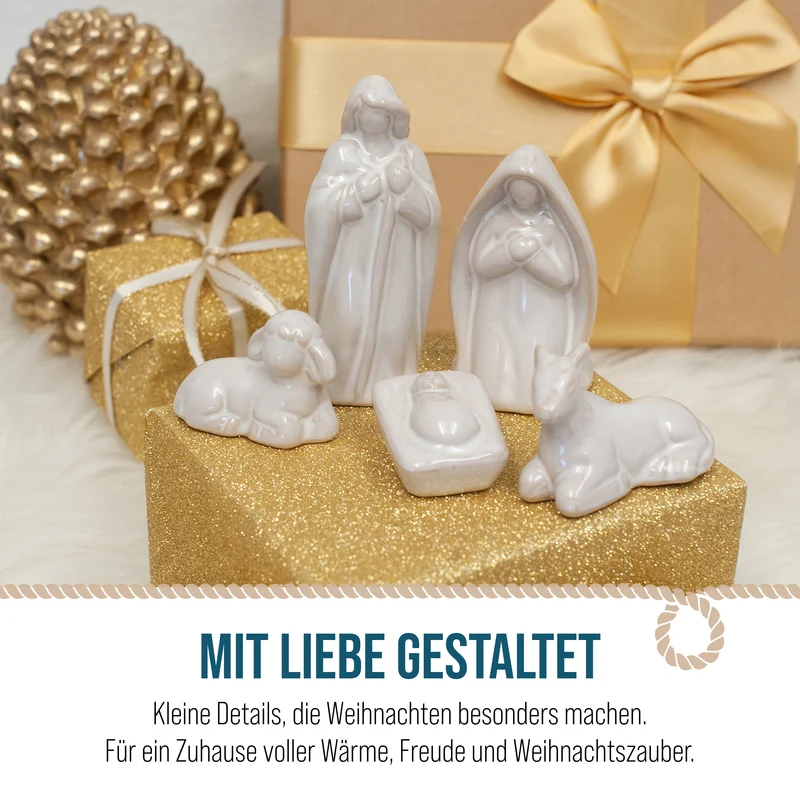 Krippenfiguren Set 5 teilig aus Steingut – Weiß, ohne Stall aufstellbar