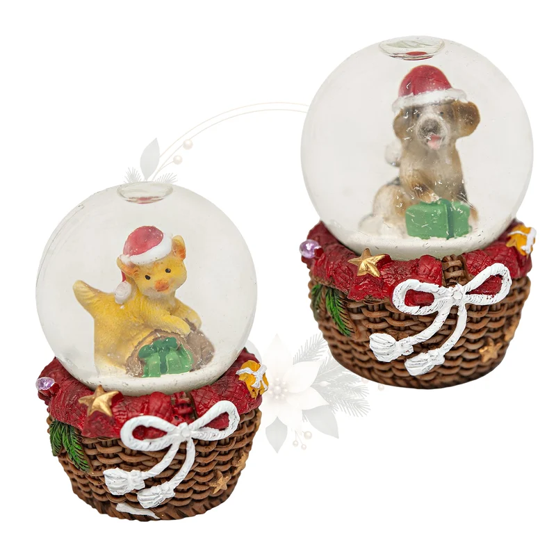 Schneekugeln Hund und Katze 2er Set – 6 cm mit Sockel in Korboptik