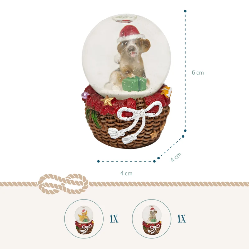 Schneekugeln Hund und Katze 2er Set – 6 cm mit Sockel in Korboptik