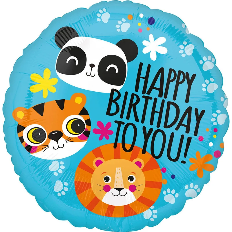 18"/Ø43cm Folienballon "Happy Birthday" Löwe Tiger Panda