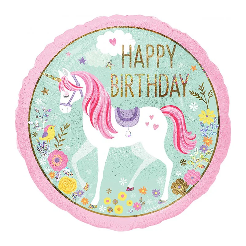 18"/Ø45cm Folienballon "Happy Birthday" Einhorn Holo
