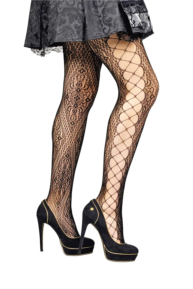 Damen Netzstrumpfhose mit Spitze - Schwarz