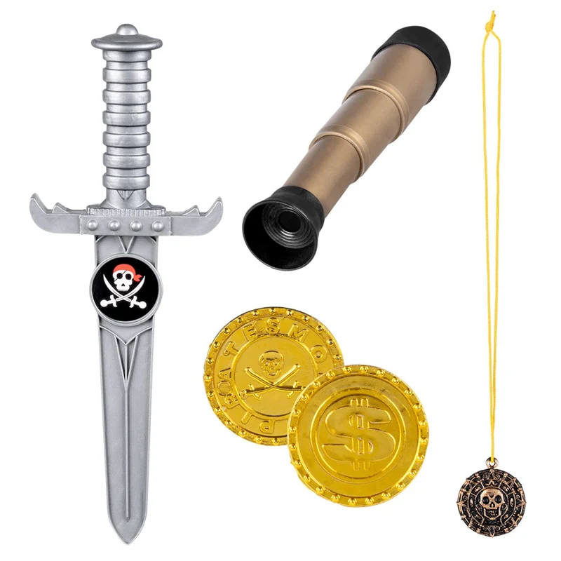 Kostüm-Set "Pirat" Zubehör | Teleskop 18 cm, Dolch 23 cm, Amulett und 2 Münzen